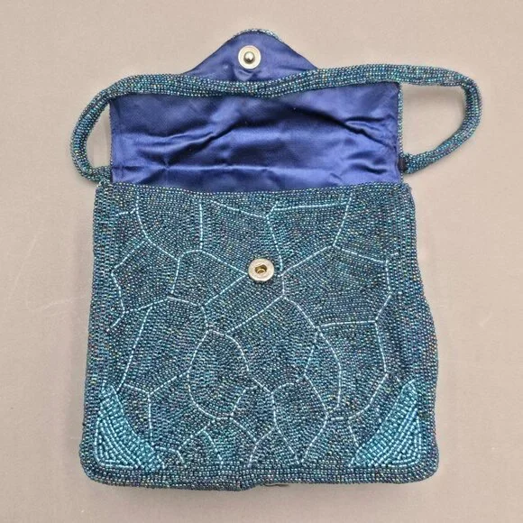 VTG Beaded Purse Made in Japan Blue Mosaic Iridescent Evening Bag Top Handle 60s - Picture 7 of 14